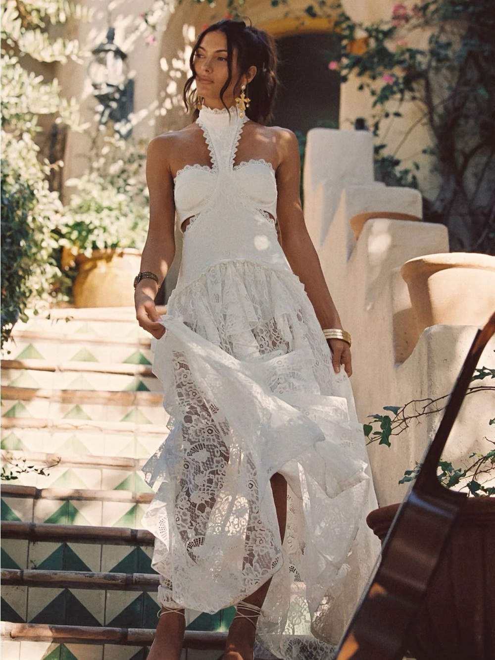 12th Tribe White Lace Halter Maxi Dress